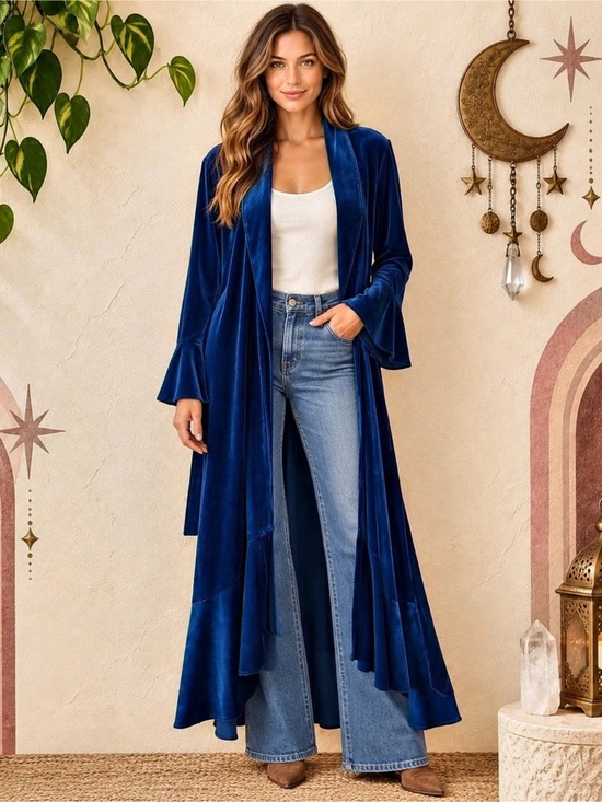 Express Jackets & Blazers - Express Velvet Ruffle Sleeve Duster Blue